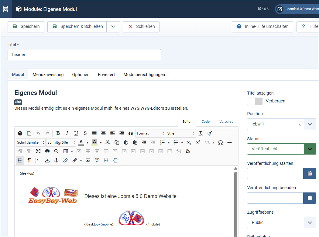 Header module editor in Joomla