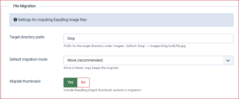 Settings for migrating EasyBlog image files