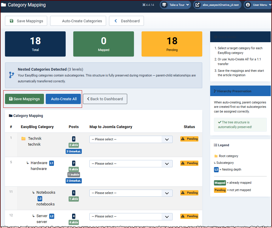 In this example we see an EasyBlog installation with 18 categories.