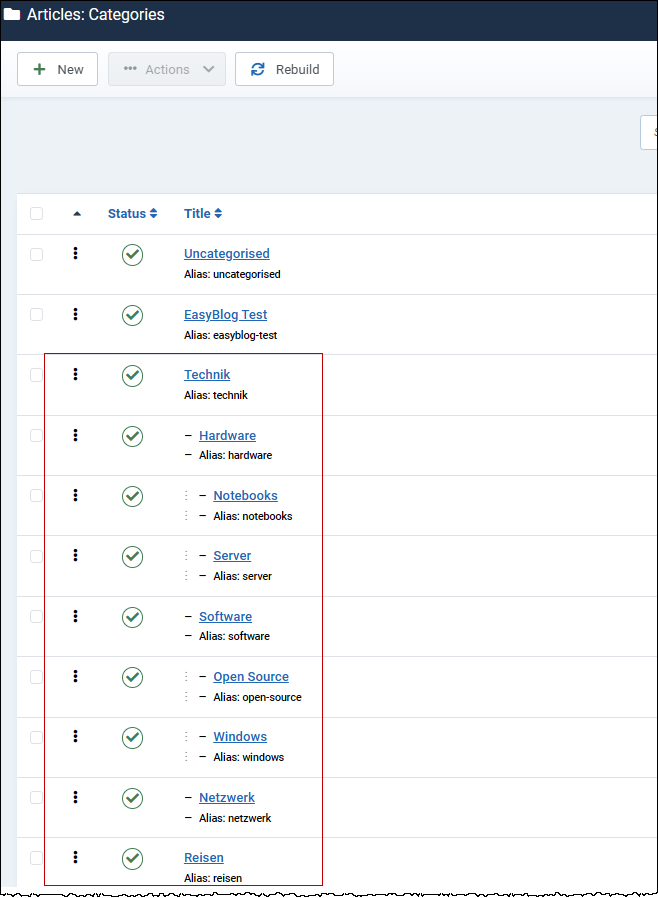We then find the categories created by EBW_EasyExit2Native in the content area of our Joomla installation.