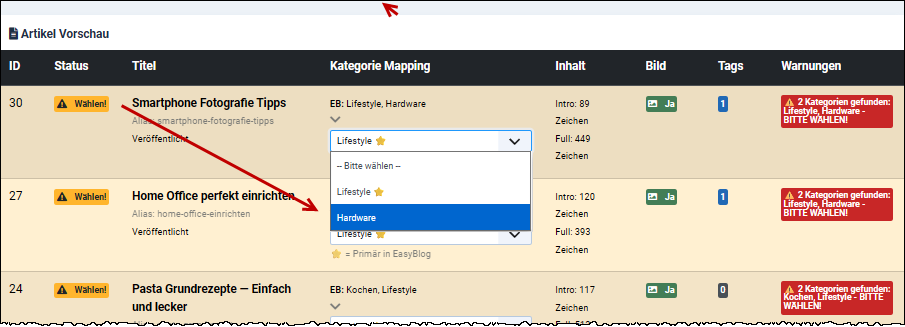 Using the Preview (Dry Run) function, such articles can be manually assigned to a suitable Joomla category.