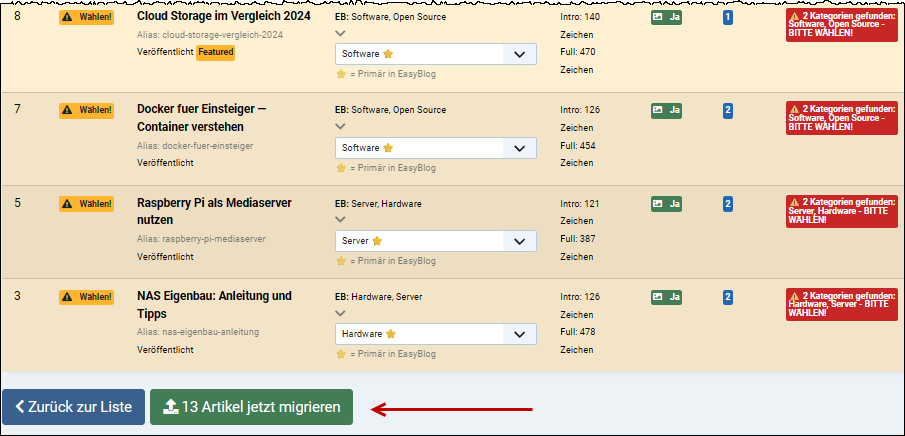 Using the Preview (Dry Run) function, such articles can be manually assigned to a suitable Joomla category.