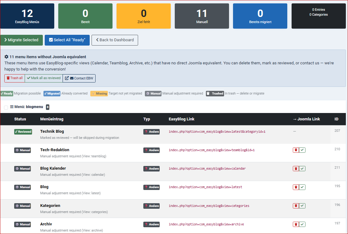 These menu items use EasyBlog-specific views (calendar, team blog, archive, etc.) for which there is no direct Joomla equivalent. You can delete them, mark them as approved, or contact us – we'll be happy to help you with the transition!