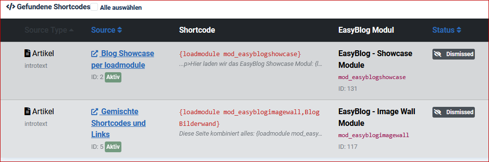 The migration of the modules also took into account the shortcodes that needed to be assigned.
